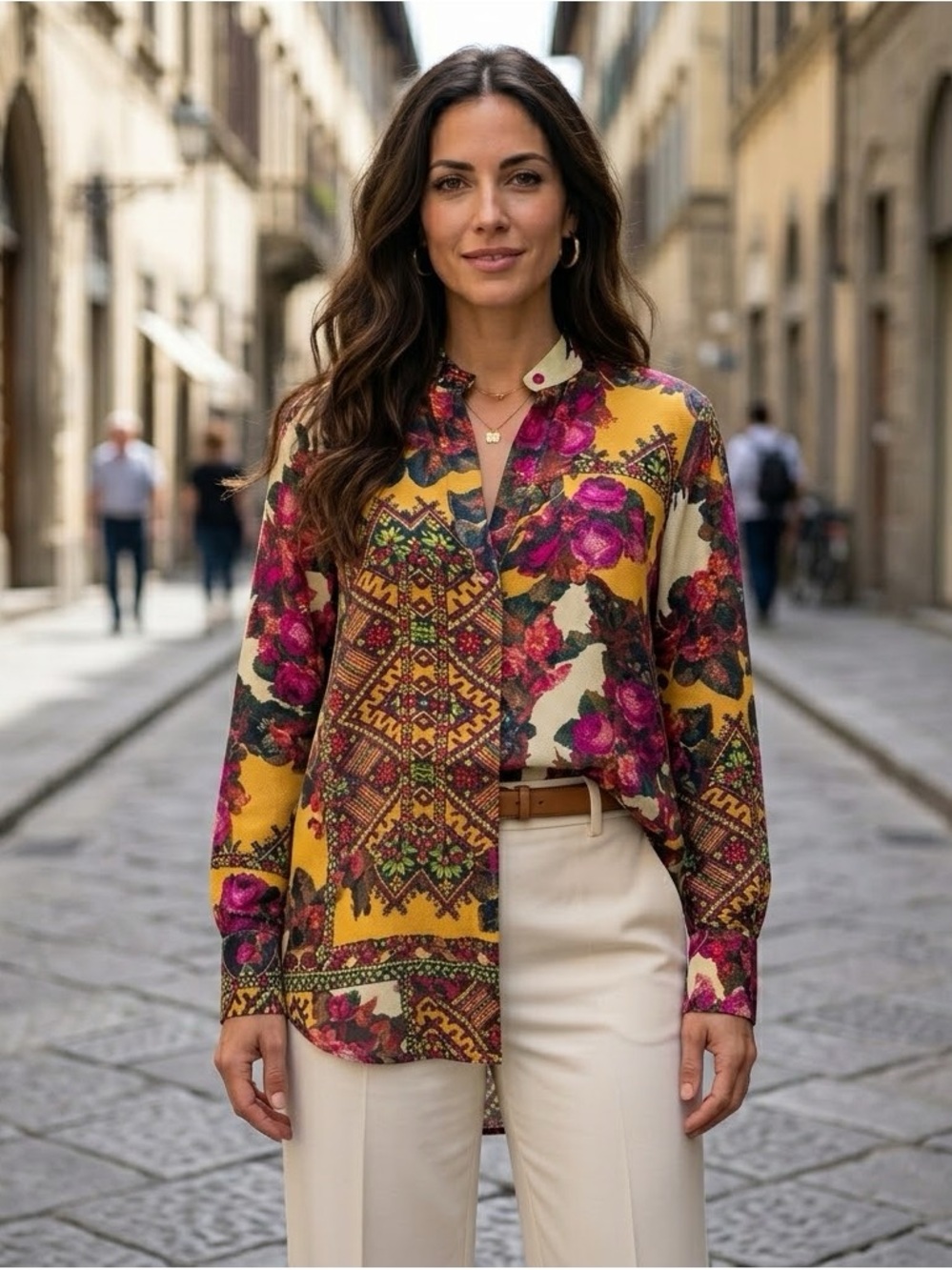 Rare Adriana Barra Boho Silk Blend Blouse Mixed Floral Geometric Print - Medium